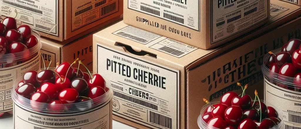 Variety of packaged pitted cherries with vibrant red hues on a wooden background