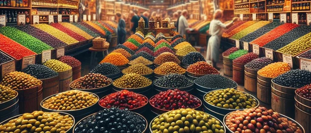 Variety of pitted olives in different packaging, showcasing multiple sizes and colors on a rustic wooden background