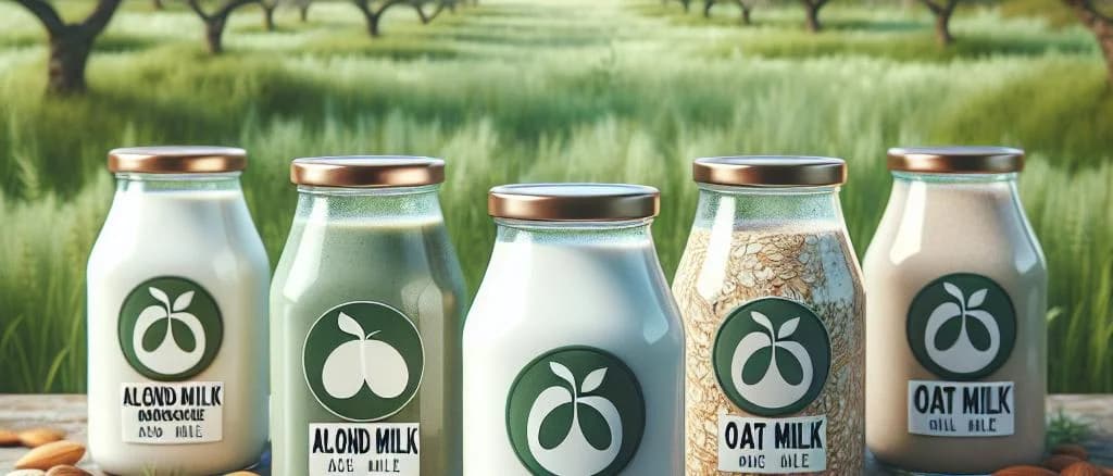 plant milk packaging variations on a light background