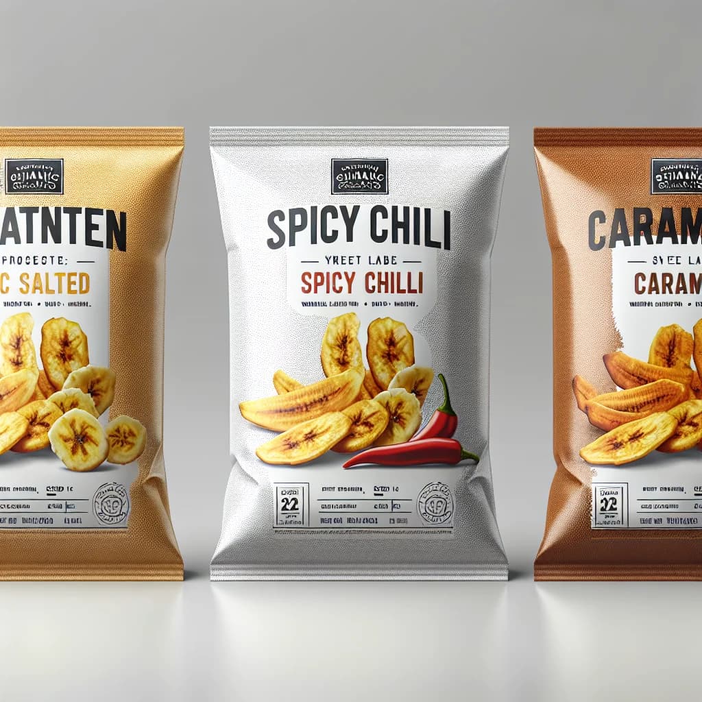 assorted plantain chips in colorful packaging with wholesale and bulk options on a minimalist background