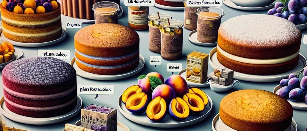 Variety of plum cakes with diverse packaging options on a wooden table