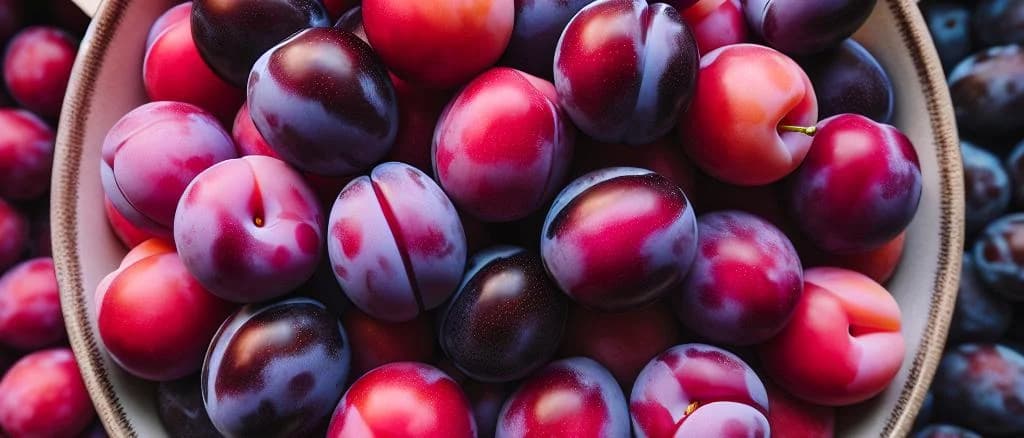 ripe plums in varying stages of ripeness on a rustic wooden background