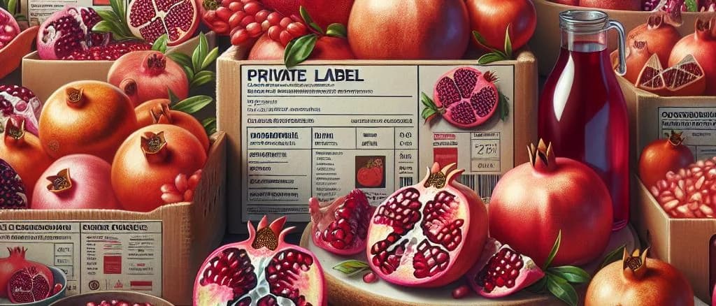 Variety of pomegranate products including whole fruit and packaged juice on a neutral background