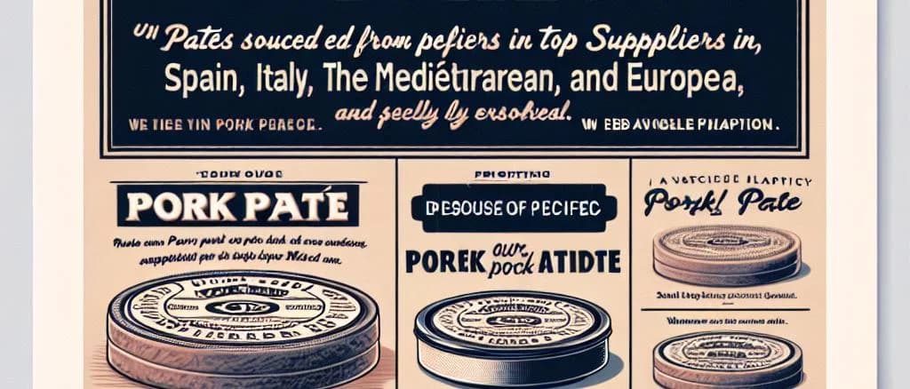 Assorted pork pâtés in various packaging designs against a rustic kitchen background