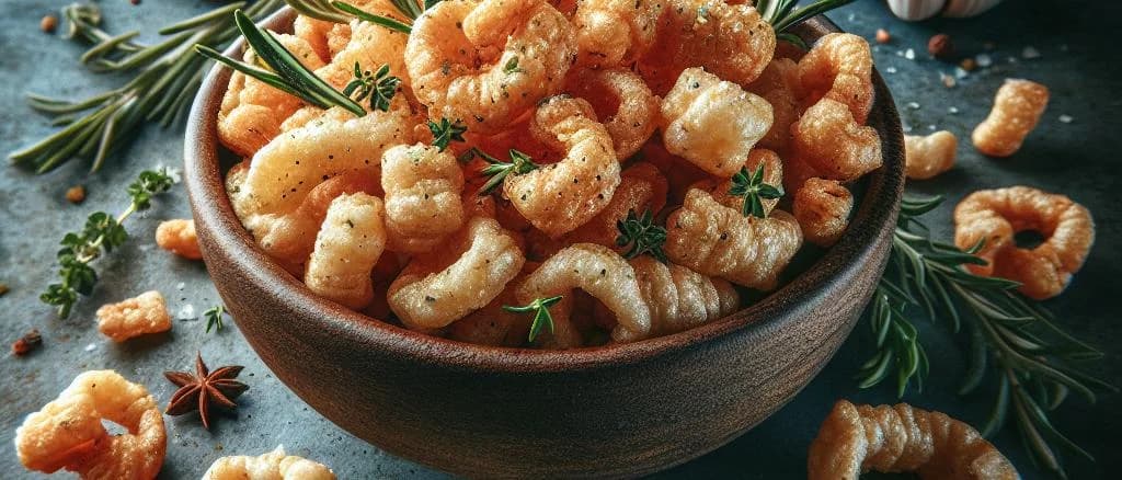 Pork rind products with various packaging on a wooden background