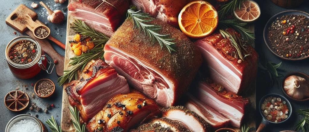 Assorted pork shoulder cuts with varied packaging on a wooden table