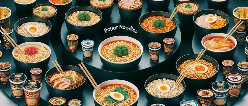 Pot Noodles in various packaging on a wooden background