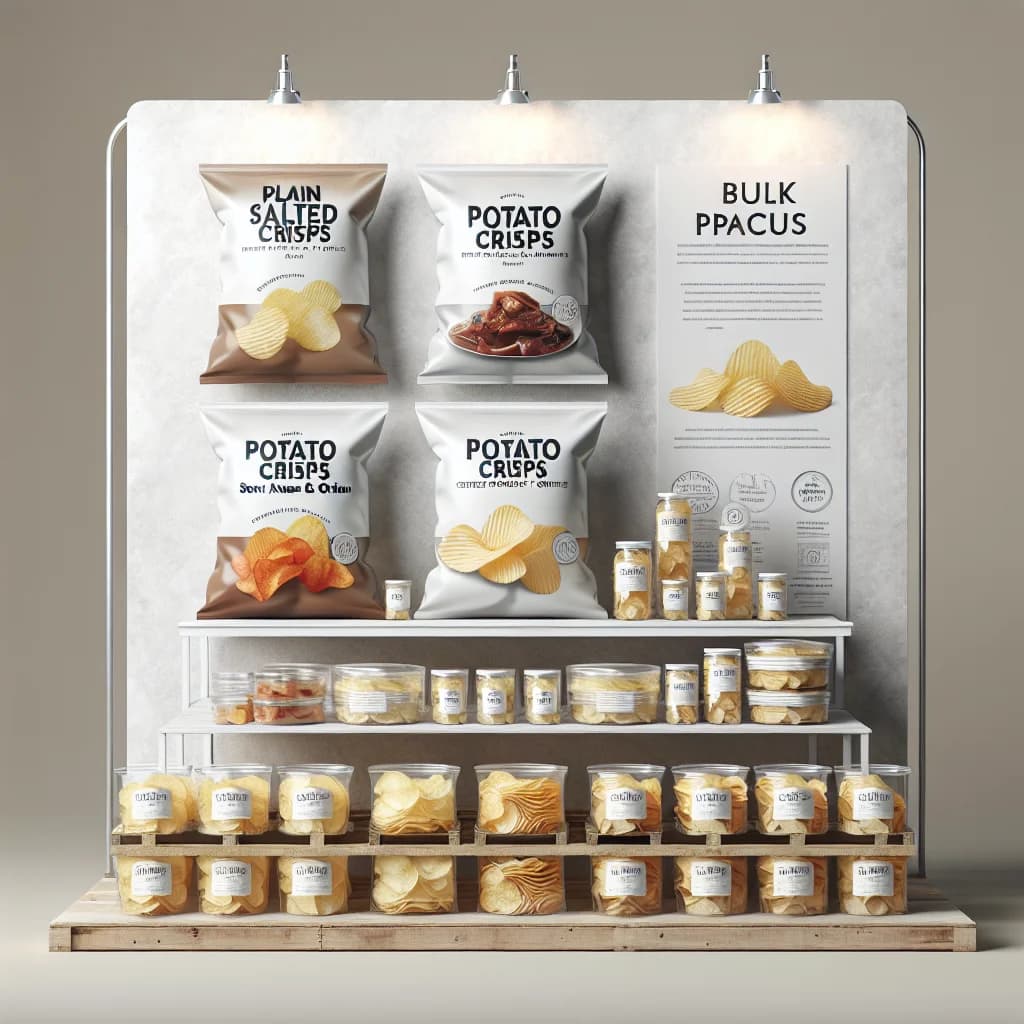 variety of potato crisps in bulk packaging with vibrant designs and multiple flavor options, set against a clean, modern background