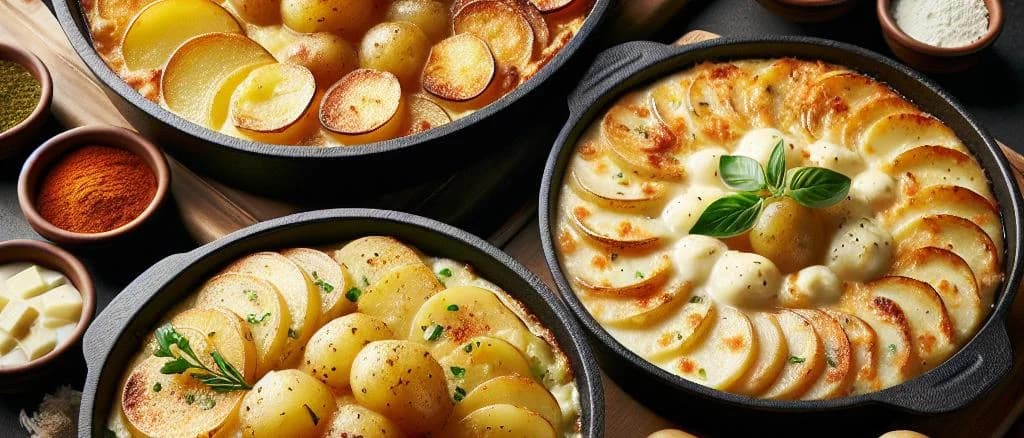 Potato Gratin Variations on Rustic Wooden Background