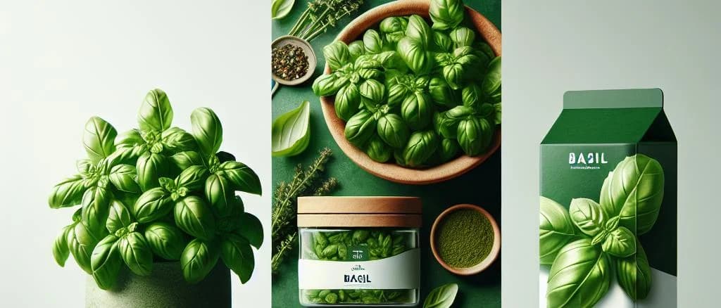 potted basil plants on a wooden table with clay pots
