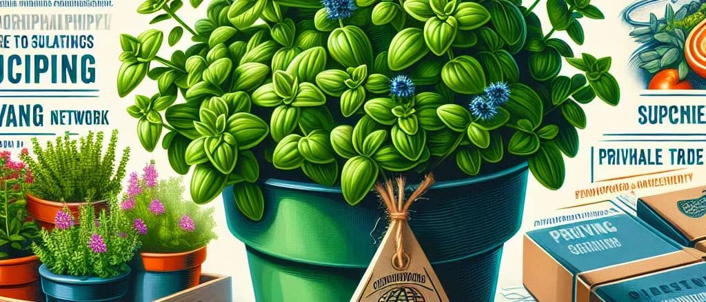 Potted oregano plants in various decorative pots on a wooden shelf