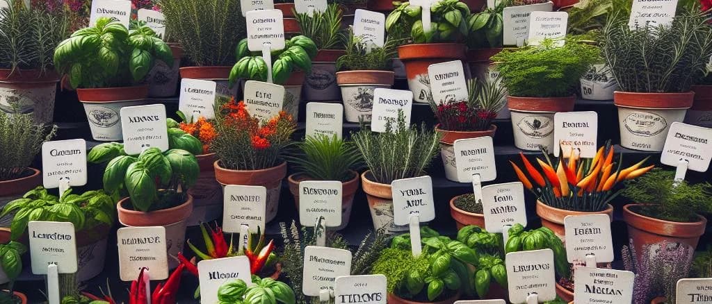 varieties of packaged potted plants displayed on wooden shelves in a greenhouse setting