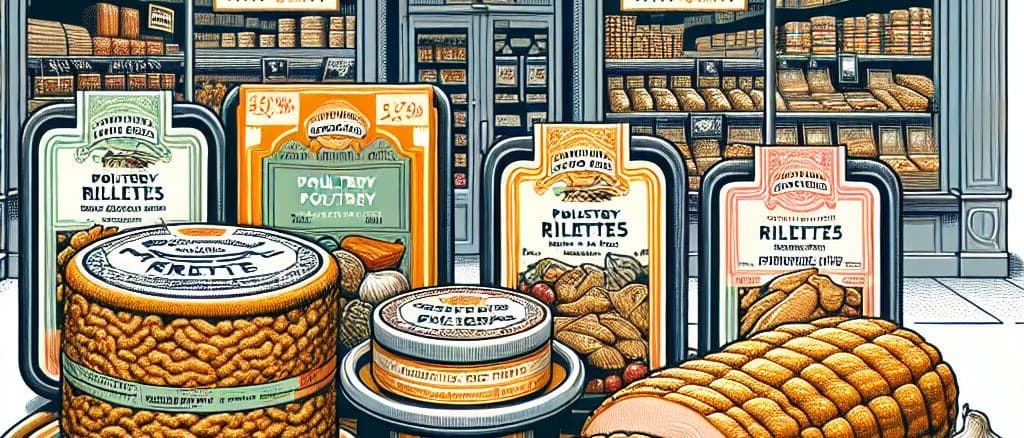 Various gourmet poultry rillettes in different packaging with a rustic background