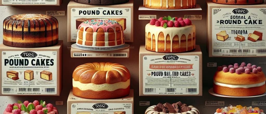 Variety of gourmet pound cakes with elegant packaging on a rustic wooden background.