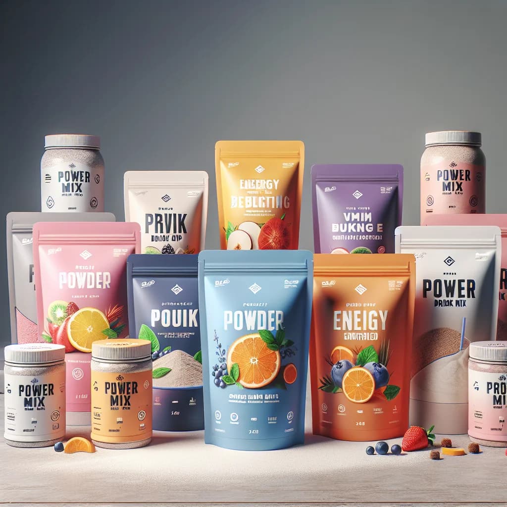 colorful packaging of assorted powder drink mix varieties in bulk and wholesale options with a clean, minimalistic background