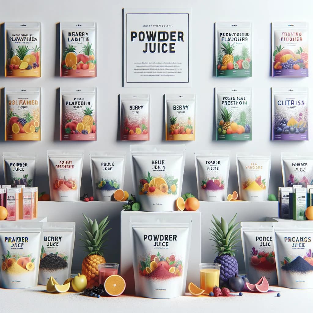 variety of powder juice products in vibrant packaging, displayed against a clean background