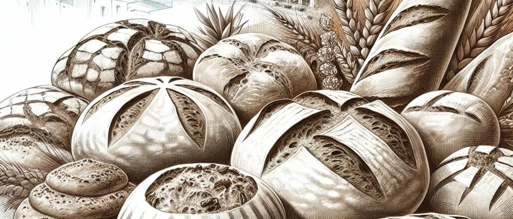 assorted pre-baked breads in different packaging set against artisanal bakery backdrop