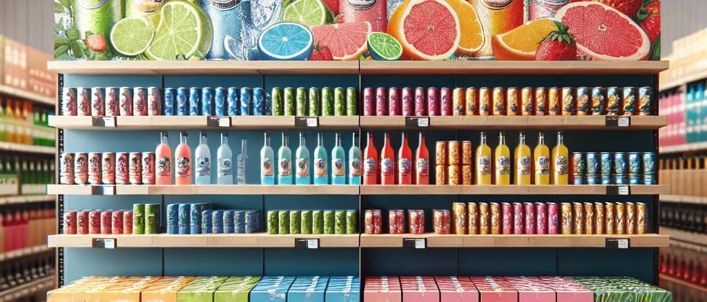 Assorted pre-mix beverages with diverse packaging on a wooden table