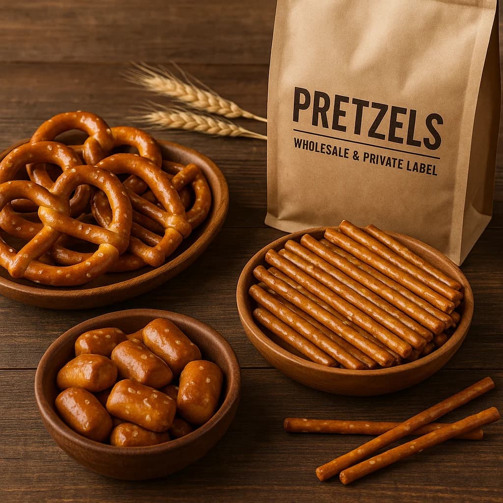 Golden-brown pretzels in various shapes with rustic packaging, perfect for B2B wholesale and private label sourcing needs.