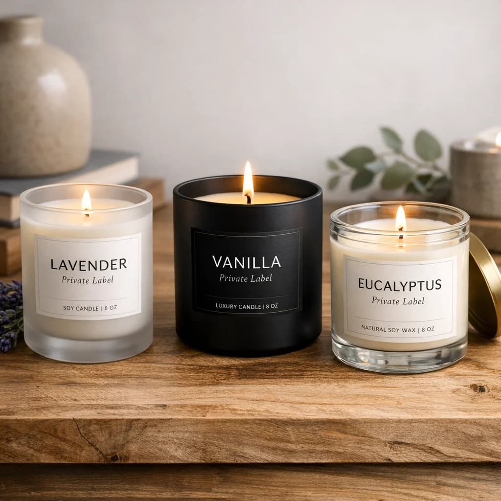 Luxury private label candles in minimalist packaging with various scents displayed on a natural wooden background