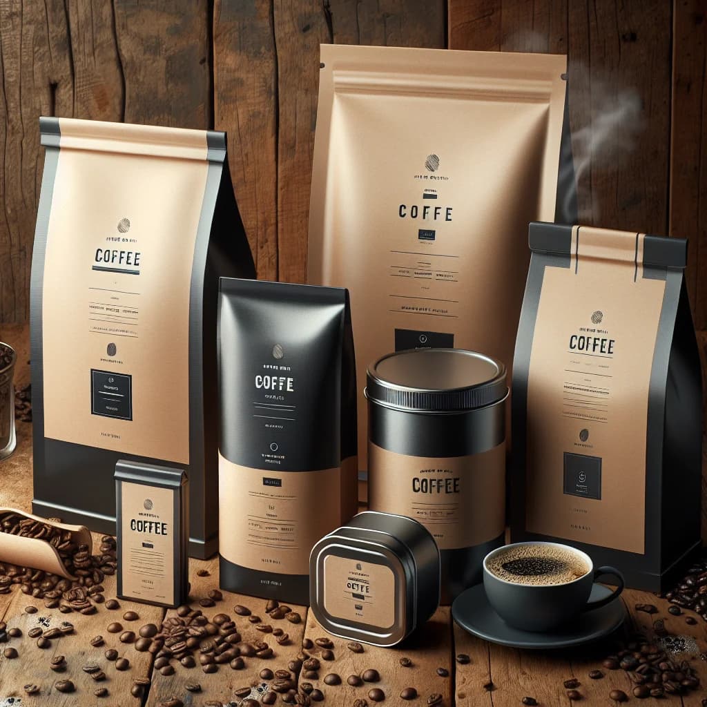 luxury private label coffee packaging in matte black and kraft paper with coffee beans and cups on a wooden surface