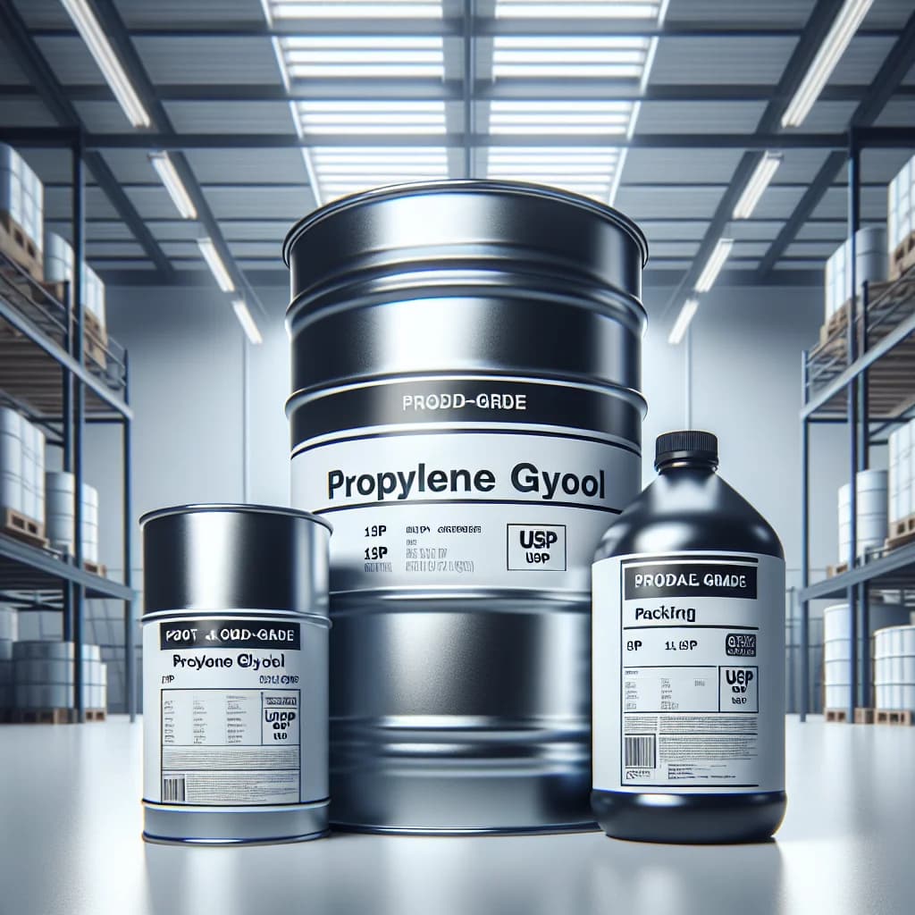 colorful packaging of different variations of propylene glycol bottles with clear labeling for industrial and bulk use