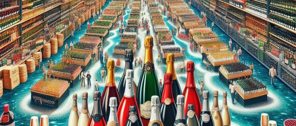 Three varieties of Prosecco bottles on a wooden table with vineyard background