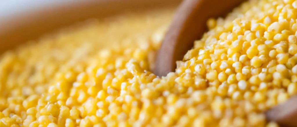 Diverse packaging of Proso Millet products on a wooden background