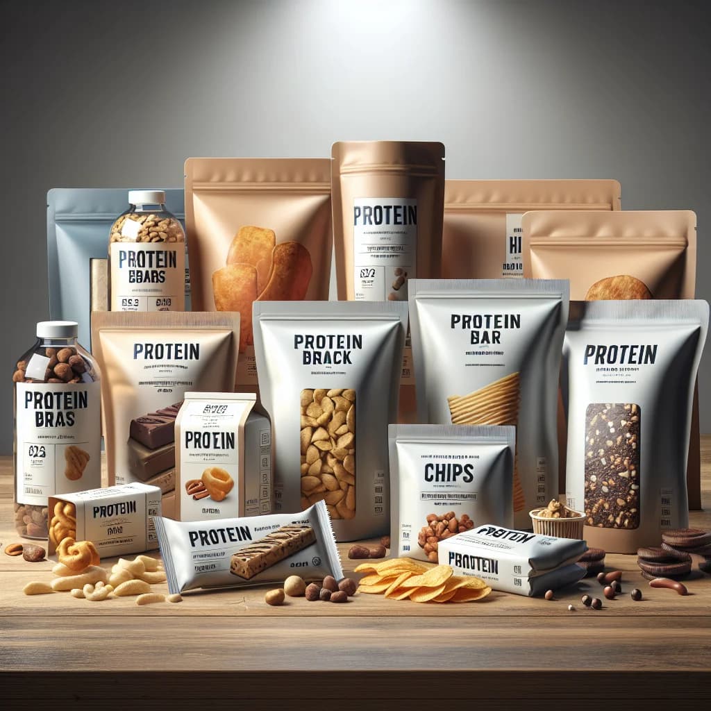 assorted high-protein snacks in sustainable packaging on a modern display table