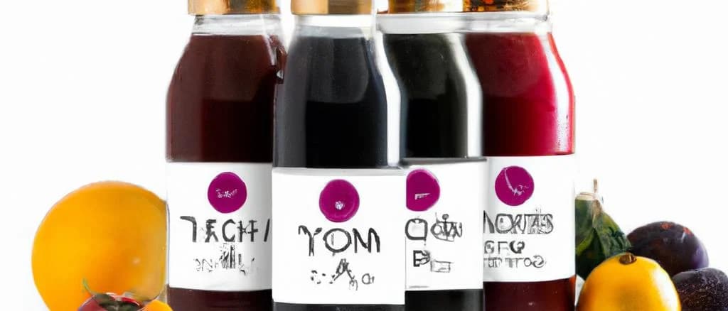 Three variations of prune juice bottles on a rustic wooden table