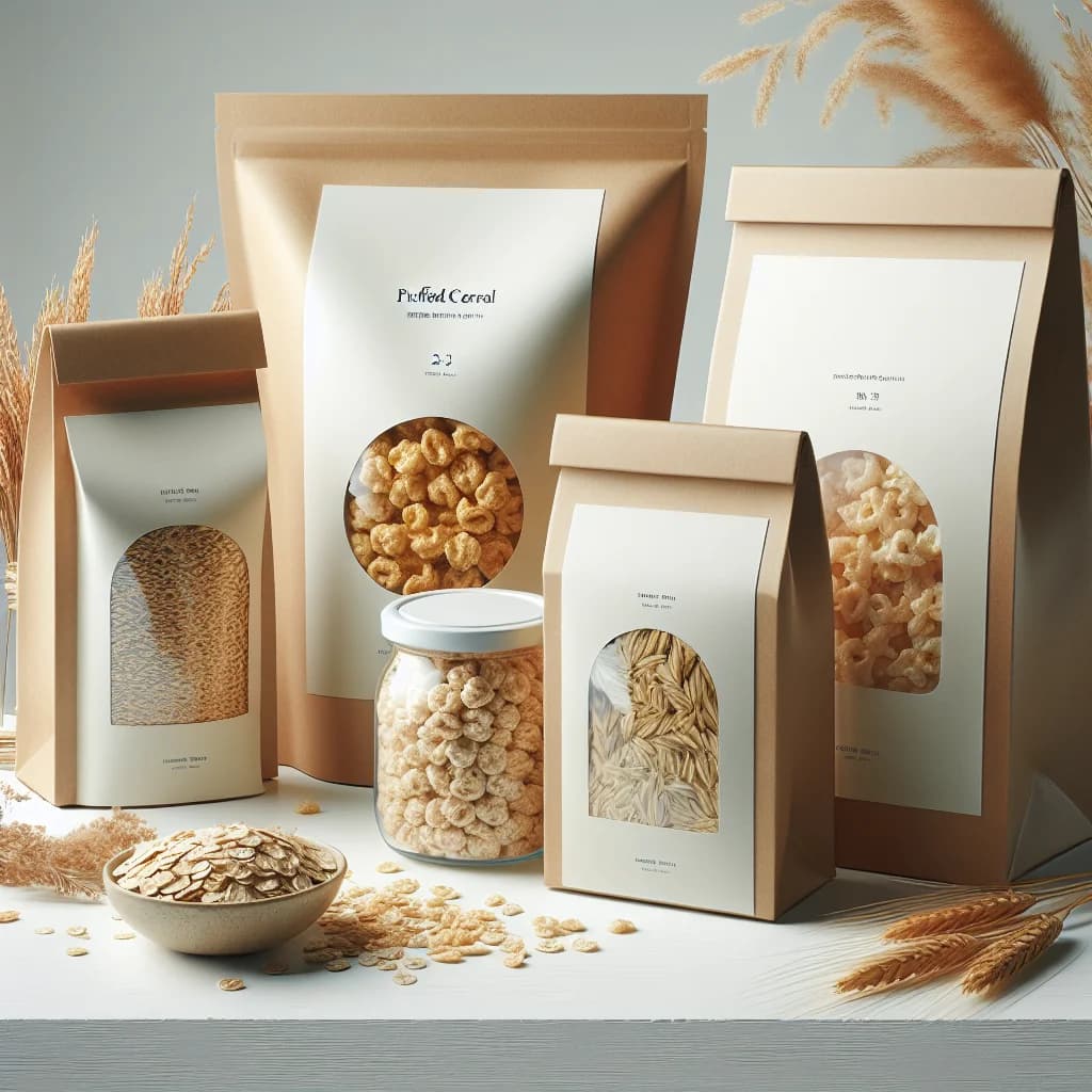 variety of puffed cereal products displayed in eco-friendly packaging on a clean, minimalist background