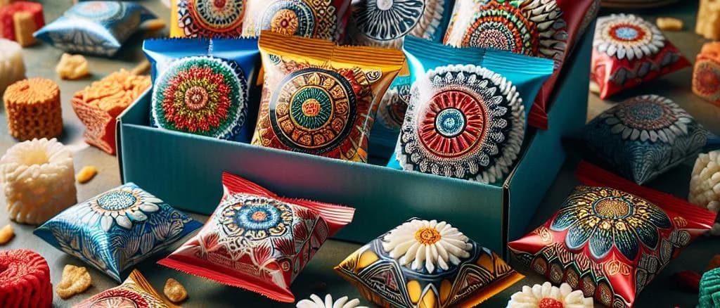 Puffed rice packaging variations in a vibrant setting with puffed rice grains visible