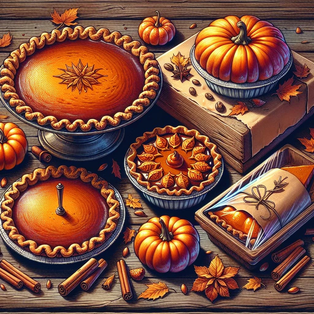 varieties of pumpkin pie with packaging and bulk options on a rustic background