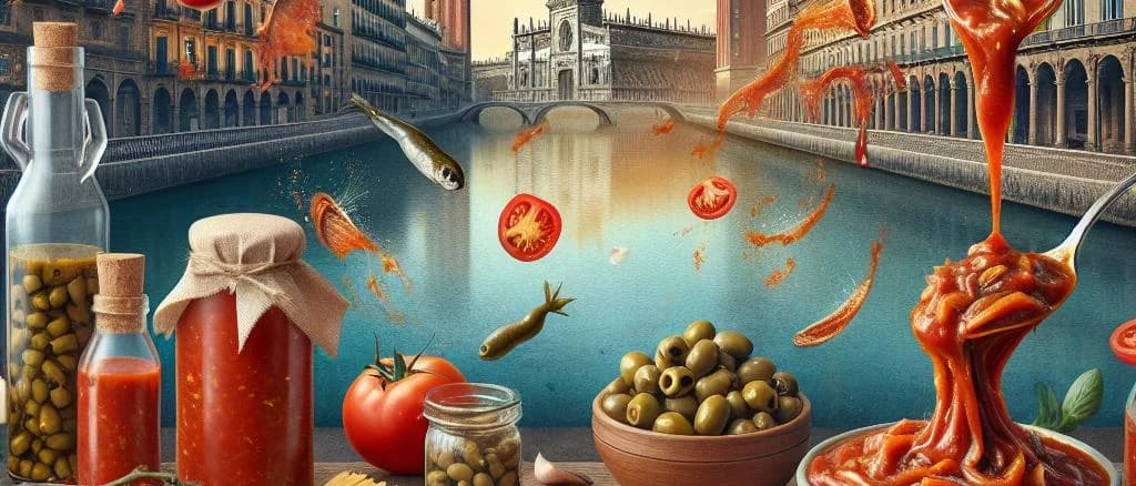 variety of puttanesca sauce jars on rustic wooden background