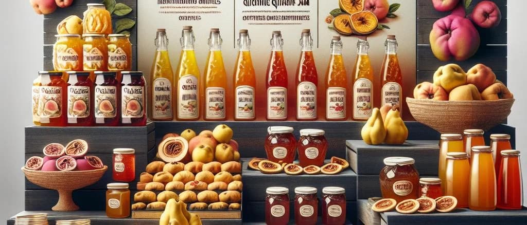 Varieties of quince fruits with diverse packaging against a neutral background