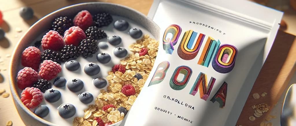 Assorted organic quinoa flakes in various packaging options on a neutral background