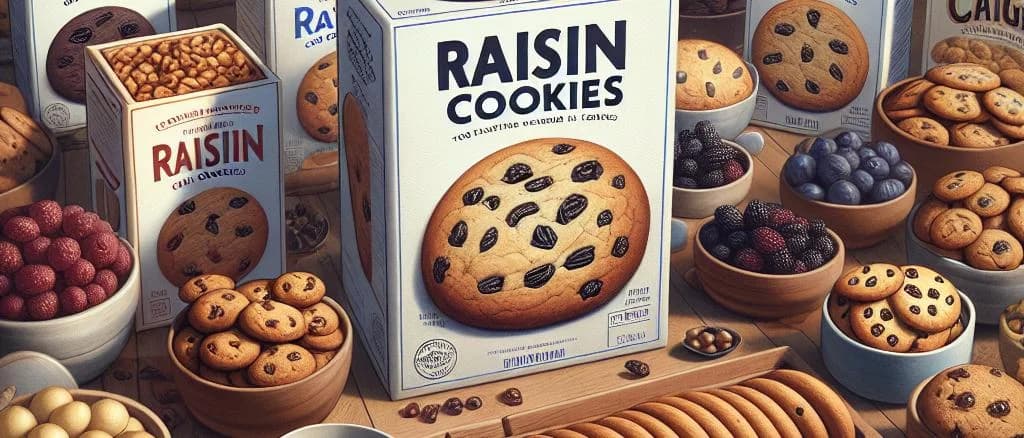 Various raisin cookies in different packaging on a wooden background