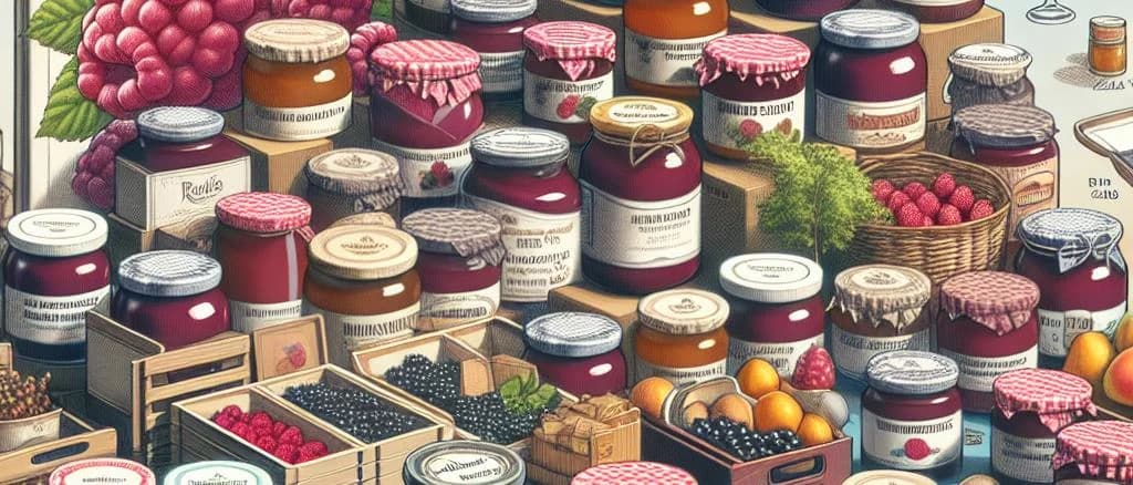 Assorted raspberry jam jars on a wooden kitchen countertop