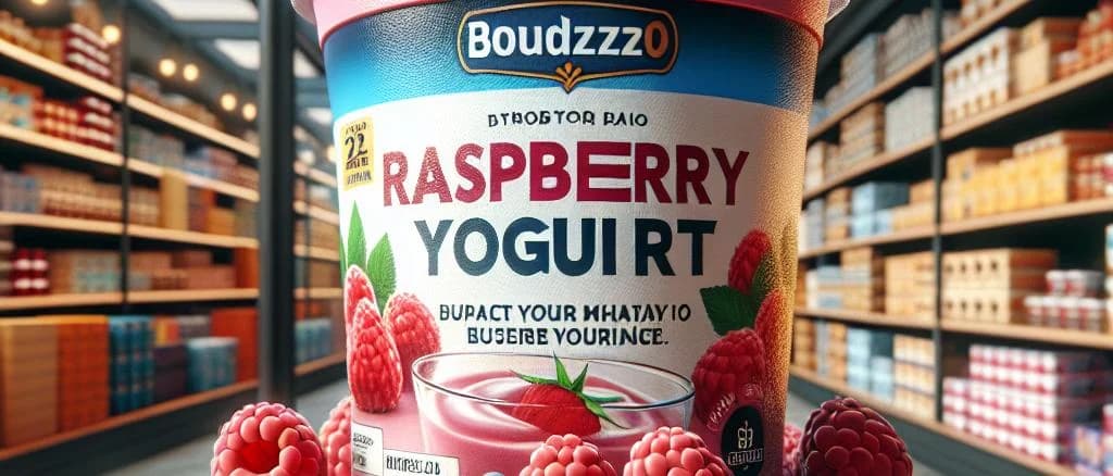 Various raspberry yogurt containers on a wooden table