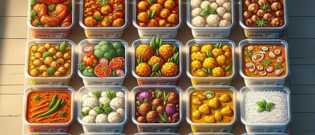 assorted ready meal curry dishes in various packaging options, showcasing diversity in flavors and presentation