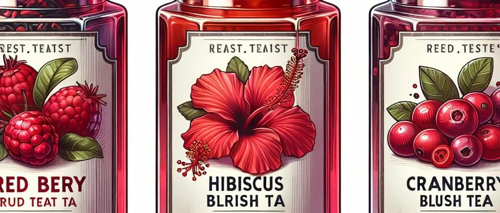 Varieties of red fruit teas with vibrant packaging on a wooden table
