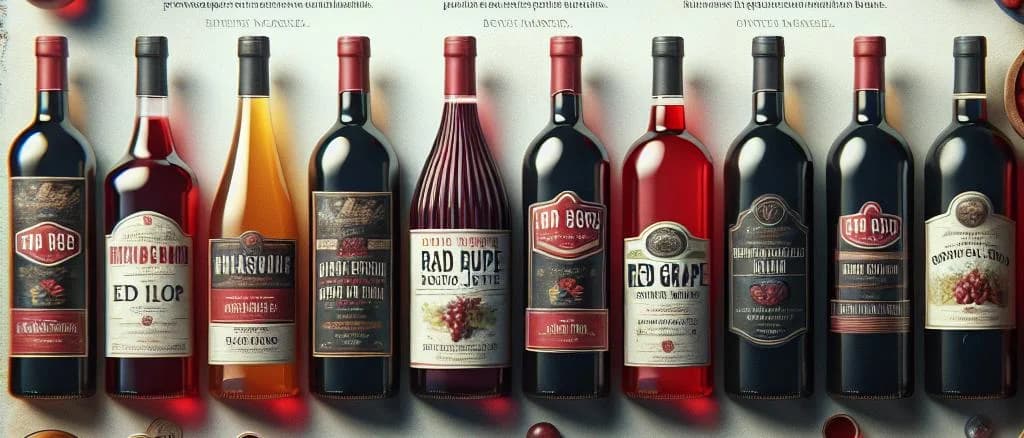 Various bottles of red grape juice with different packaging designs on a wooden table