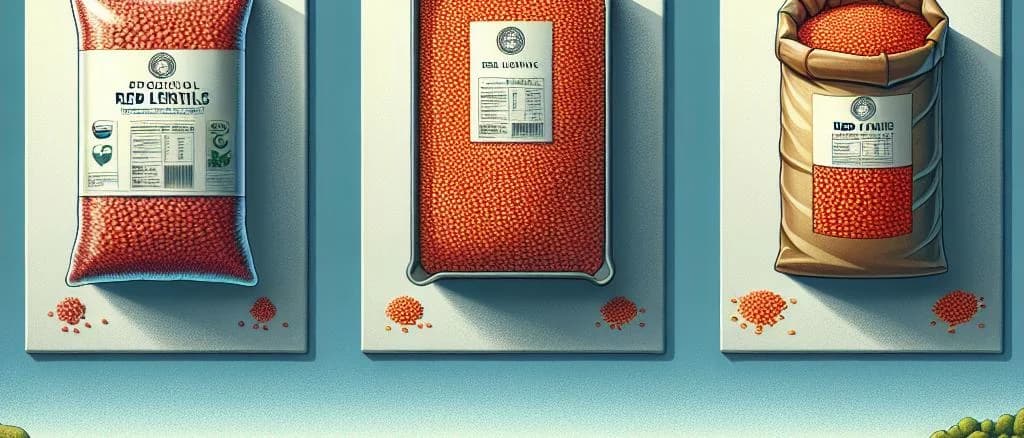 variety of red lentil products in different packaging formats on a wooden table