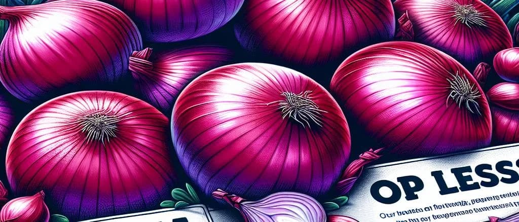 Varieties of red onions against a farm-fresh backdrop