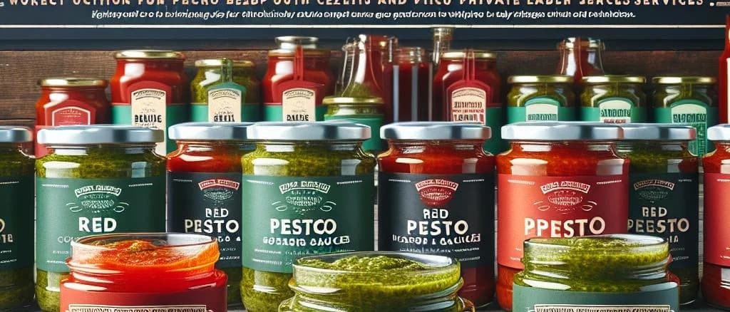 Various red pesto jars with different packaging styles on a rustic wooden table