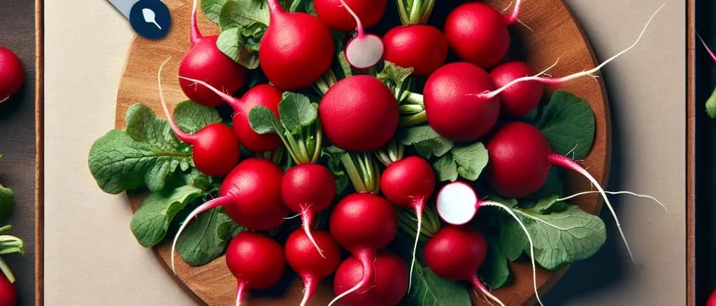 Assorted red radishes with different packaging options on a wooden background