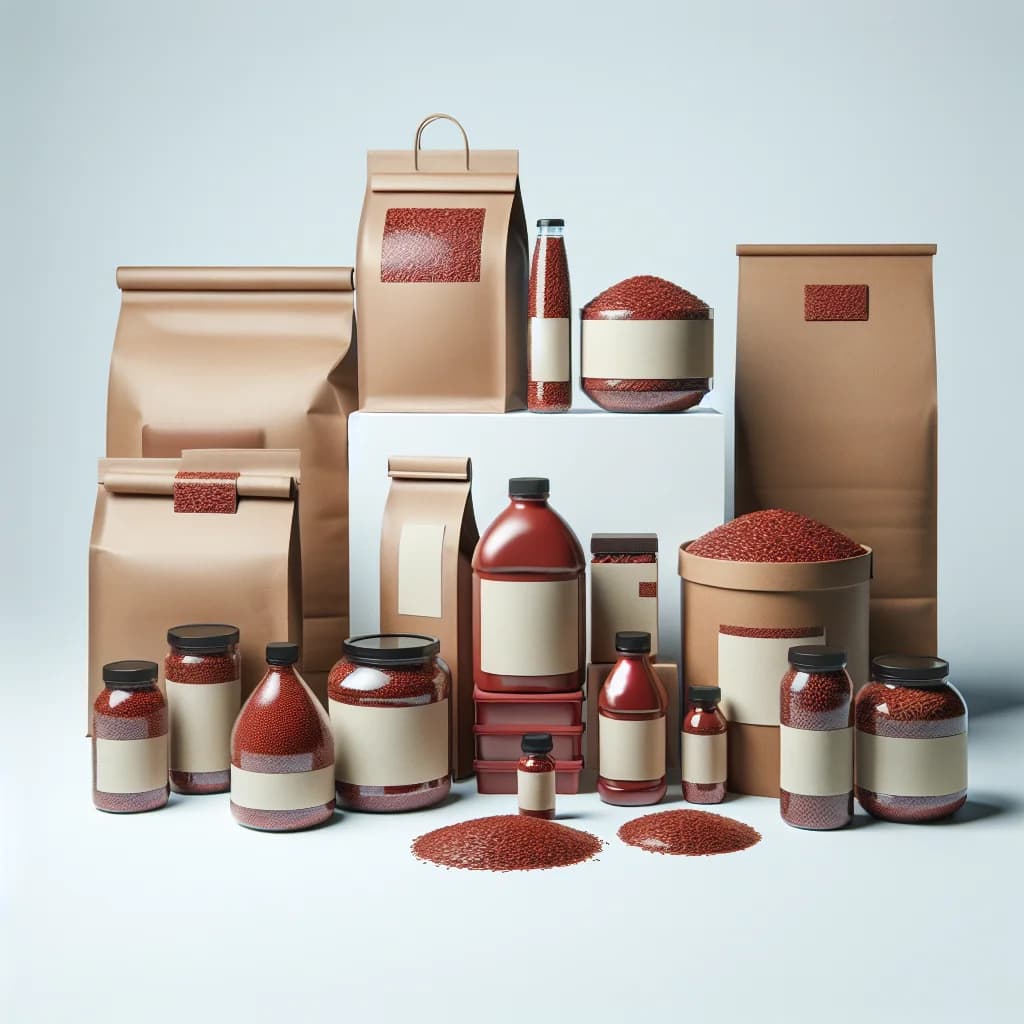 assorted red yeast rice products with various packaging styles on a clean, minimalistic background
