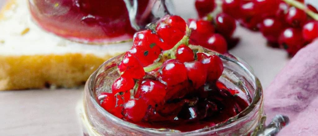Redcurrant jams in various glass jars with labels, displayed on a rustic wooden table