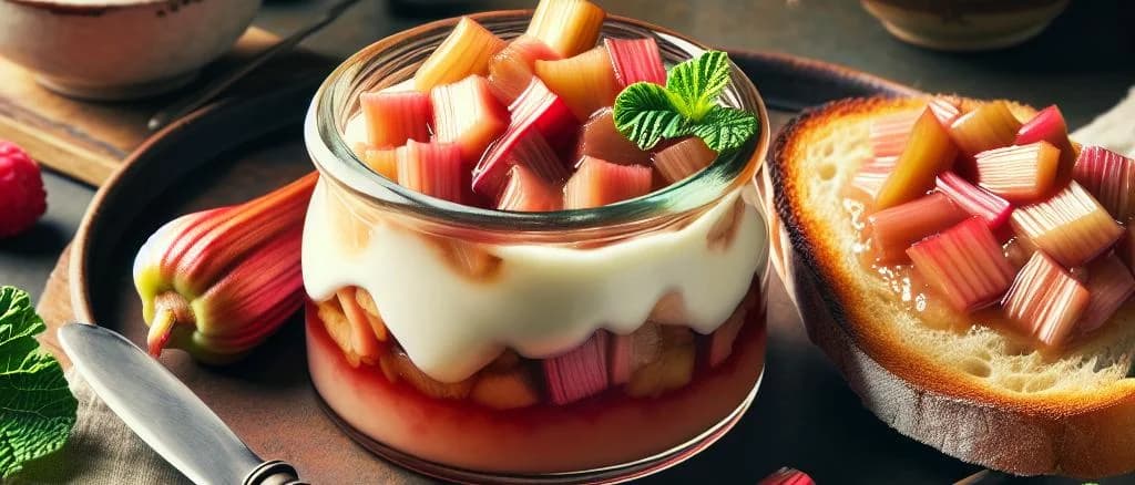 three variations of rhubarb compote jars with diverse packaging, set against a rustic wooden background