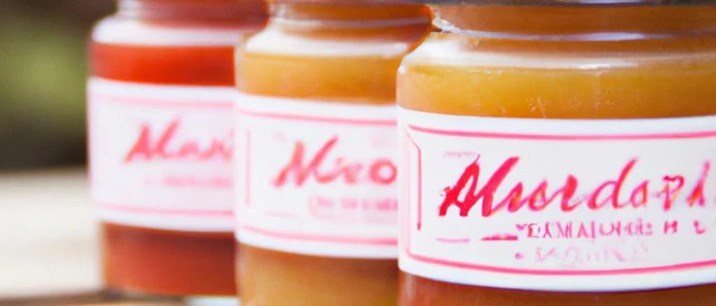 Various jars of rhubarb jam with different packaging on a rustic kitchen counter
